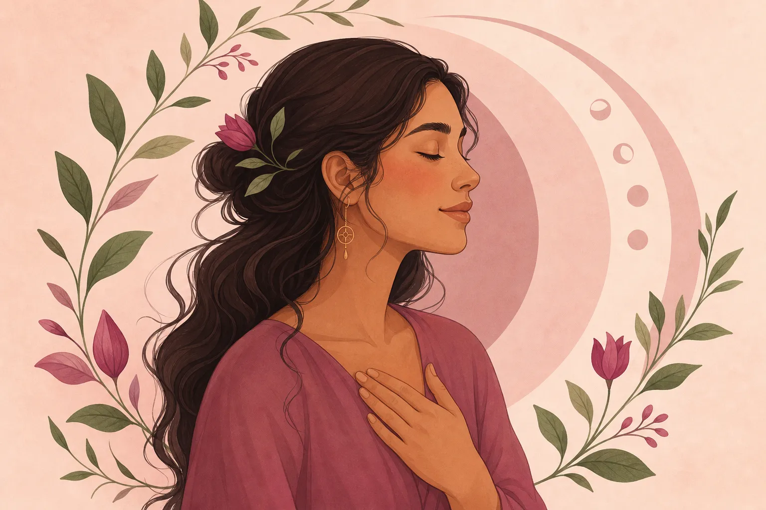 Mujer conectando con su cuerpo en una ilustración botánica