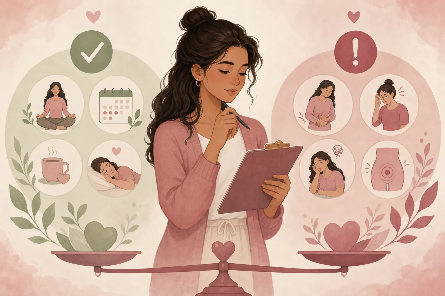 Ilustración editorial sobre consulta de salud menstrual
