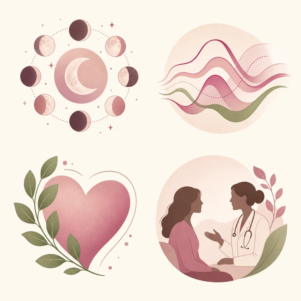 Ilustraciones sobre ciclo, hormonas, autocuidado y consulta